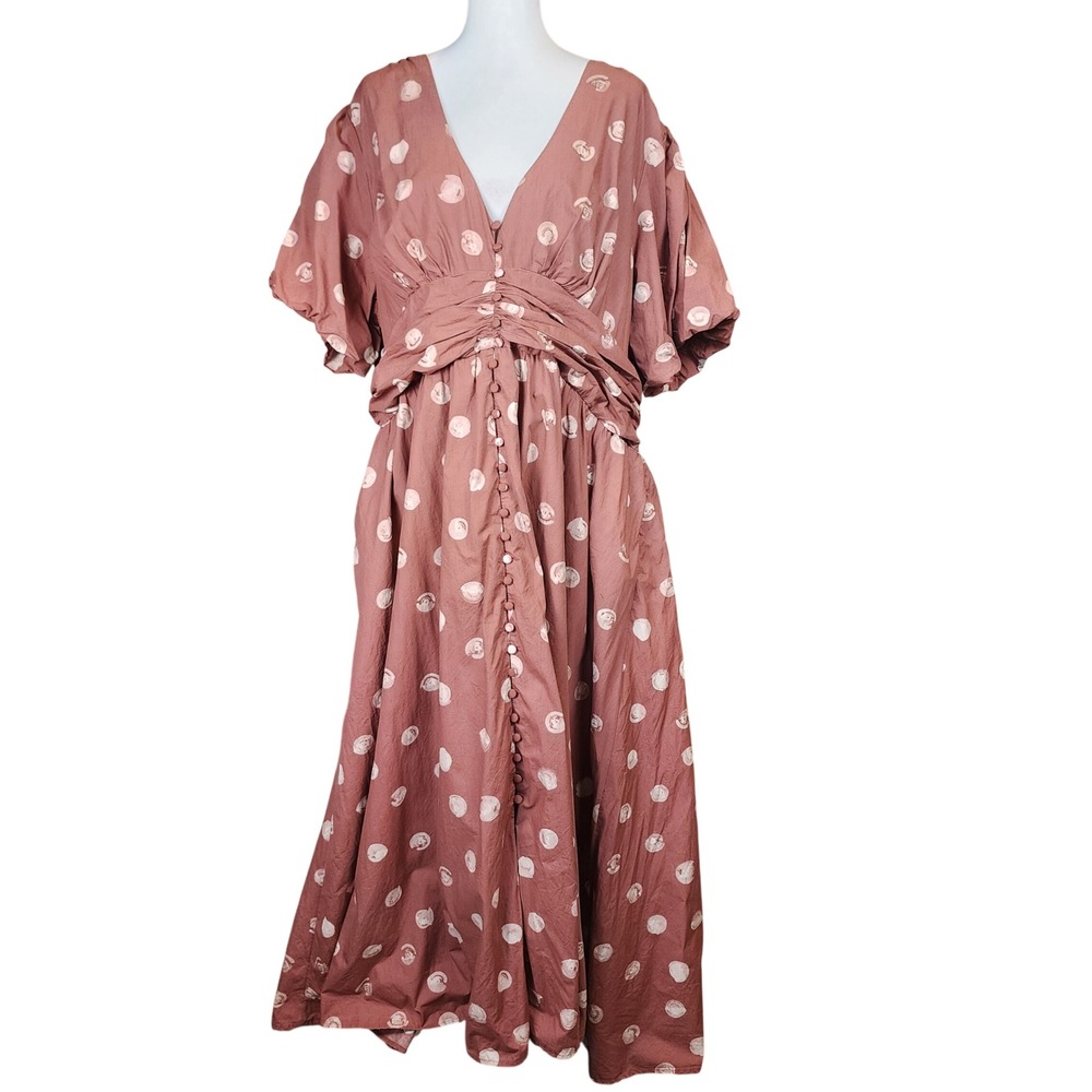 Anthropologie The Katerina Button Front Midi Dress 3X Brown Cream Cotton Boho